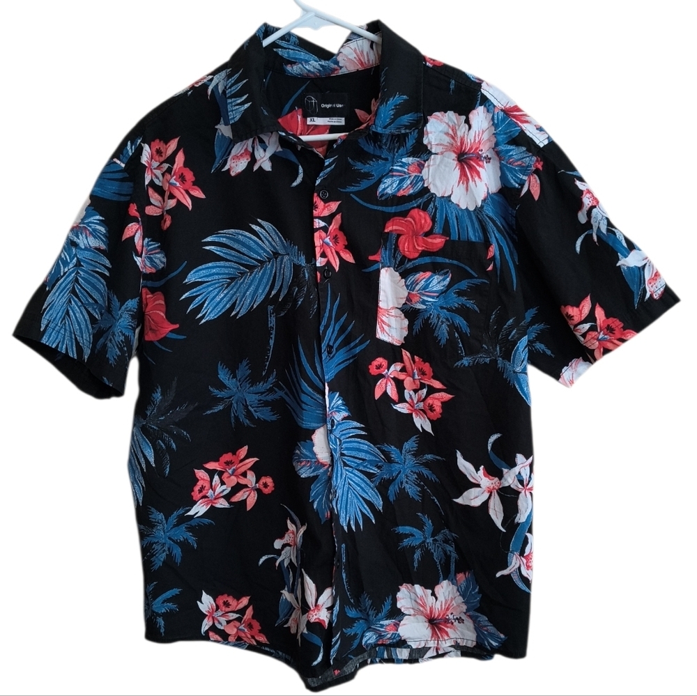 Original Use Black Tropical Floral Button Down Shirt